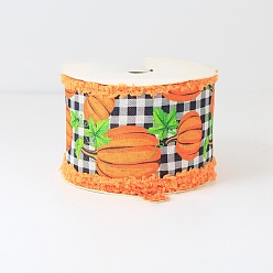 Pumpkin 6 Yards Thanksgiving Day Printed Polyester Fuzzy Edge Ribbons, Flat, Pumpkin, 2-1/2 inch(64mm)