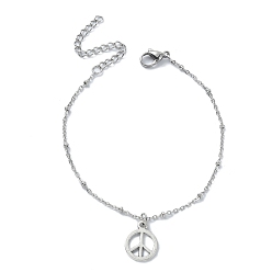 Stainless Steel Color Alloy Peace Sign Charm Bracelet, 304 Stainless Steel Satellite Chains, Stainless Steel Color, 9-3/8 inch(23.8cm)