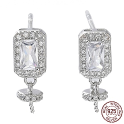 Real Platinum Plated Rhodium Plated 925 Sterling Silver with Clear Cubic Zirconia Stud Earring Findings, for Half Drilled Pearl Beads, with S925 Stamp, Rectangle, Real Platinum Plated, 14.5x5.5mm, Pin: 0.7mm