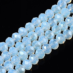 Clear Electroplate Glass Beads Strands, Imitation Opalite Beads, Pearl Luster Plated, Faceted, Rondelle, Clear, Clear, 8x6mm, Hole: 1mm, about 65~68pcs/strand, 15.7~16.1 inch(40~41cm)