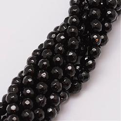Black Natural Agate Bead Strands, Dyed, Faceted, Round, Black, 6mm, Hole: 1mm, about 56~58pcs/strand, 14 inch