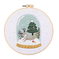 Deer DIY Christmas Theme Embroidery Kits, Including Printed Cotton Fabric, Embroidery Thread & Needles, Plastic Embroidery Hoop, Deer, 200x200mm