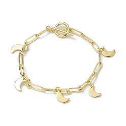 Moon Golden 304 Stainless Steel Charm Bracelets with Brass Paperclip Chains, Moon, 7-1/2~7-5/8 inch(19.2~19.3cm)