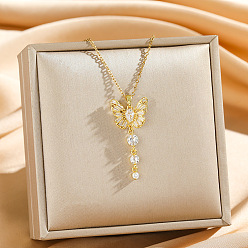 Золотой Подвеска в виде бабочки из латуни с прозрачными кубическими циркониями 304 Цепочка из нержавеющей стали для женщин, золотые, 17.72 дюйм (45 см)