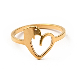 Golden Ion Plating(IP) 201 Stainless Steel Heart with Dolphin Finger Ring for Valentine's Day, Golden, US Size 6 1/2(16.9mm)