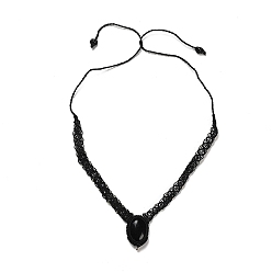 Обсидиан Колье с овальной подвеской из натурального обсидиана, колье-колье с плетеными восковыми нитями, 25.83 дюйм (65.6 см)