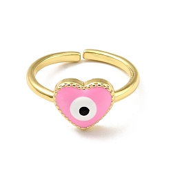Hot Pink Enamel Heart with Evil Eye Open Cuff Ring, Gold Plated Brass Jewelry for Women, Cadmium Free & Lead Free, Hot Pink, US Size 7(17.3mm)