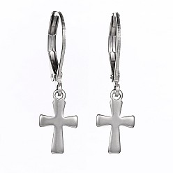 Stainless Steel Color Cross Stainless Steel Dangle Leverback Earrings, Stainless Steel Color, 26mm, Pin: 1mm