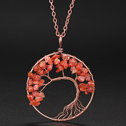 Carnelian Natural Carnelian Chip Tree of Life Pendant Necklaces, Alloy Cable Chain Necklace for Women, 20-7/8 inch(53cm)