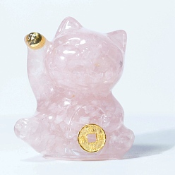 Quartz Rose Décorations d'exposition artisanales en puces de quartz rose naturel et en résine, figurine de chat porte-bonheur, pour la maison ornement feng shui, 63x55x45mm