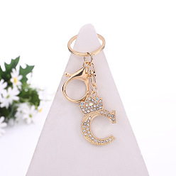 Letter C Crystal Rhinestone Initial Letter with Crown Pendant Keychains, with Light Gold Alloy Findings, Letter.C, 10~10.5cm, alphabet: 40~46x20~45mm