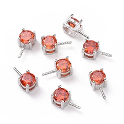 Orange Red Rhodium Plated 925 Sterling Silver Peg Bails, with Cubic Zirconia, Square, Platinum, Orange Red, 9x4x4.5mm, Hole: 2.5x1.5mm, Pin: 0.6mm