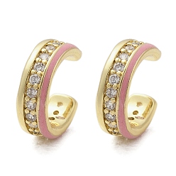 Pink C-образные латунные серьги-каффы с микропаве из кубического циркония, с эмалью, долговечный, без кадмия и без свинца, стойки покрытие, реальный 18 k позолоченный, розовые, 11x3.5x10 мм