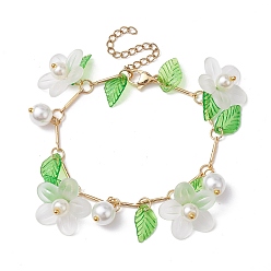 White Acrylic Flower & Glass Pearl Charm Bracelets, with Brass Chains, White, 6-7/8~7-1/8 inch(17.5~18cm)
