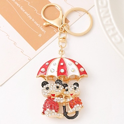 Red Alloy with Rhinestone Keychain for Women, Umbrella with Bear, Red, 13cm