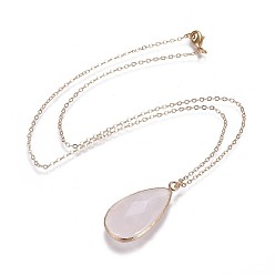 Rose Quartz Teardrop Natural Rose Quartz Pendant Necklaces, with Brass Cable Chains and Brass Lobster Claw Clasps, Packing Box, Real 18K Gold Plated, 17 inch(43.2cm)