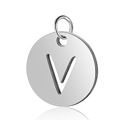Letter V 304 Stainless Steel Charms, Flat Round with Letter, Stainless Steel Color, Letter.V, 12x1mm, Hole: 2.5mm
