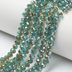 Medium Turquoise Electroplate Glass Beads Strands, Half Plated, Rainbow Plated, Faceted, Rondelle, Medium Turquoise, 4x3mm, Hole: 0.4mm, about 123~127pcs/strand, 16.5~16.9 inch(42~43cm)