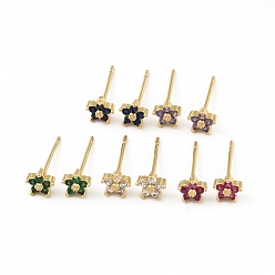Mixed Color Cubic Zirconia Flower Stud Earrings, Real 18K Gold Plated Brass Jewelry for Women, Cadmium Free & Lead Free, Mixed Color, 15x5x5mm, Pin: 0.7mm