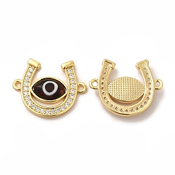 Saddle Brown Rack Plating Real 18K Gold Plated Brass Micro Pave Clear Cubic Zirconia Connector Charms, Horseshoe Links, with Handmade Evil Eye Lampwork, Cadmium Free & Lead Free, Long-Lasting, Saddle Brown, 18.5x23x4mm, Hole: 1.5mm