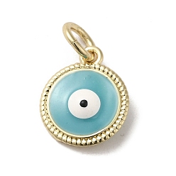 Turquoise Brass Enamel Charms, with Jump Ring, Real 18K Gold Plated, Flat Round with Evil Eye Charm, Turquoise, 13.5x11.5x3.7mm, Hole: 3.2mm