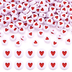 Red Opaque Acrylic Beads, with Enamel, Flat Round with Heart, Red, 7x3.5mm, Hole: 1.2mm