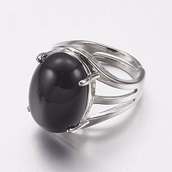 Black Agate Natural Black Agate Wide Band Finger Rings, with Brass Ring Findings, Oval, 18mm