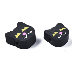 Noir Perles en fimo faits à la main, cat, noir, 8~10x8~10x3.5~5mm, Trou: 1.5mm