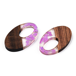 Violet Transparent Resin & Walnut Wood Pendants, Oval Charms with Heart Paillettes, Violet, 35.5x22x3.5mm, Hole: 16x10mm