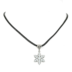 Platinum Alloy Enamel Snowflake Pendant Necklaces, with Imitation Leather Cord, Platinum, 17.60 inch(44.7cm)