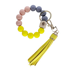10 Colorful Silicone Bead Bracelet Keychain with PU Leather Tassel Pendant for Women