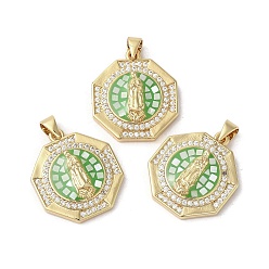 Зеленый Латунные микро проложить кубического циркония подвески, с эмалью и ракушкой, долговечный, без свинца и без кадмия, реальный 18 k позолоченный, восьмиугольник с девой марией, зелёные, 22.5x20x4 мм, отверстие : 5x3.5 мм