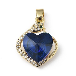 Dark Blue Real 18K Gold Plated Rack Plating Brass Micro Pave Clear Cubic Zirconia Pendants, with Glass, Long-Lasting Plated, Cadmium Free & Lead Free, Heart Charm, Dark Blue, 21.5x17x8mm, Hole: 5x3.2mm