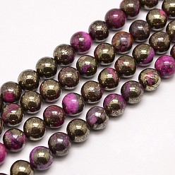 Deep Pink Electroplate Gemstone Natural Pyrite Round Beads Strands, Dyed, Deep Pink, 8mm, Hole: 1mm, about 50pcs/strand, 15.74 inch
