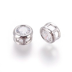 Платинированный Экологичные латунные бусины из фианита, плоско-круглые, без свинца, без никеля и без кадмия, Реальная платина, 6.5x4 мм, отверстие : 1.5x2 мм