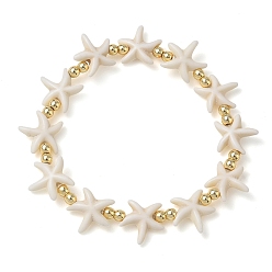 Золотой Браслеты из синтетической бирюзы и немагнитных гематитовых бусин, эластичные, для женщин и мужчин., морская звезда, белые, золотые, внутренний диаметр: 2.01 дюйм (5.1 см)