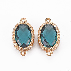 Cyan Oscuro Conectores de enlaces de vidrio, con hallazgos de latón dorado claro, larga duración plateado, sin cadmio y níque y plomo, facetados, oval, cian oscuro, 18x10x4.5 mm, agujero: 1 mm