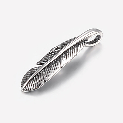 Antique Silver 316 Surgical Stainless Steel Pendants, Feather, Antique Silver, 18x4x3mm, Hole: 2x3mm