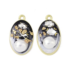 Black Rack Plating Alloy Enamel Pendants, with Resin, ABS Imitation Pearl Beads, Rhinestone and Glass Beads, Cadmium Free & Nickel Free & Lead Free, Oval, Black, 34x20x9mm, Hole: 2.5mm
