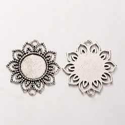 Antique Silver Tibetan Style Alloy Flower Cabochon Connector Bezel Settings, Cadmium Free & Lead Free, Antique Silver, Flat Round Tray: 18mm, 39x35x2mm, Hole: 3mm, about 158pcs/kg
