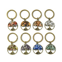Antique Bronze Tibetan Style Alloy & Natural Mixed Gemstone Chips Pendant Keychain, with Iron Split Rings, Flat Round with Tree of Life, Antique Bronze, 5.35cm, 8pcs/set