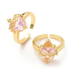 Pink Открытые кольца-манжеты из латуни и стекла для женщин, святое сердце, долговечный, стойки покрытие, без свинца и без кадмия, золотые, розовые, 17 мм, Сердце: 13~15x10~15 mm