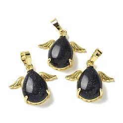 Синий Драгоценный Камень Синтетический синий авантюрин подвески, подвески-слезинки с золотистыми латунными крыльями, стойки покрытие, без кадмия и без свинца, 22.5x24.5x9 мм, отверстие : 7.5x4.5 мм