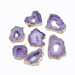Blue Violet Natural Druzy Agate Pendants, with Golden Tone Iron Findings, Dyed, Nuggets, Blue Violet, 20~60x13~50x4~8mm, Hole: 1~4mm