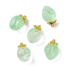 Бледно-Зеленый Прозрачные стеклянные подвески, клубника, с золотой эмали сплава выводов, два тона, бледно-зеленый, 18x12x10.5 мм, отверстие : 1.5 мм