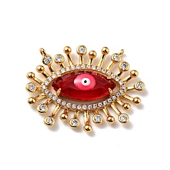 Red Rack Plating Brass Micro Pave Cubic Zirconia Pendants, with Enamel, Long-Lasting Plated, Golden, Eye with Evil Eye, Cadmium Free & Nickel Free & Lead Free, Red, 22x28x6mm, Hole: 1mm