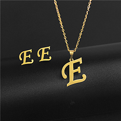 Letter E Golden Stainless Steel Initial Letter Jewelry Set, Stud Earrings & Pendant Necklaces, Letter E, No Size