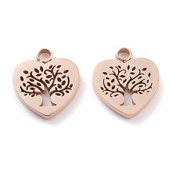 Rose Gold Ion Plating(IP) 304 Stainless Steel Charms, Laser Cut, Heart with Tree of Life, Rose Gold, 12x11x1.5mm, Hole: 1.8mm