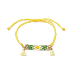 Yellow Handmade Japanese Seed Rectangle with Flower Link Braided Bead Bracelet, Tassel Charm Bracelet for Women, Yellow, Maximum Inner Diameter: 3-1/2 inch(9cm)