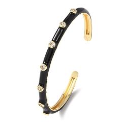 Черный Браслеты-манжеты из латуни с микропаве из прозрачных кубических цирконий для женщин, с эмалью, без кадмия и без свинца, долговечный, стойки покрытие, реальный 18 k позолоченный, чёрные, внутренний диаметр: 2.13x1.93 дюйм (5.4x4.9 см)